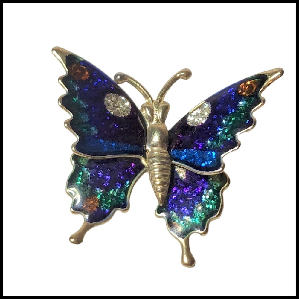 Vintage Rainbow Glitter Butterfly‎ Brooch Pin